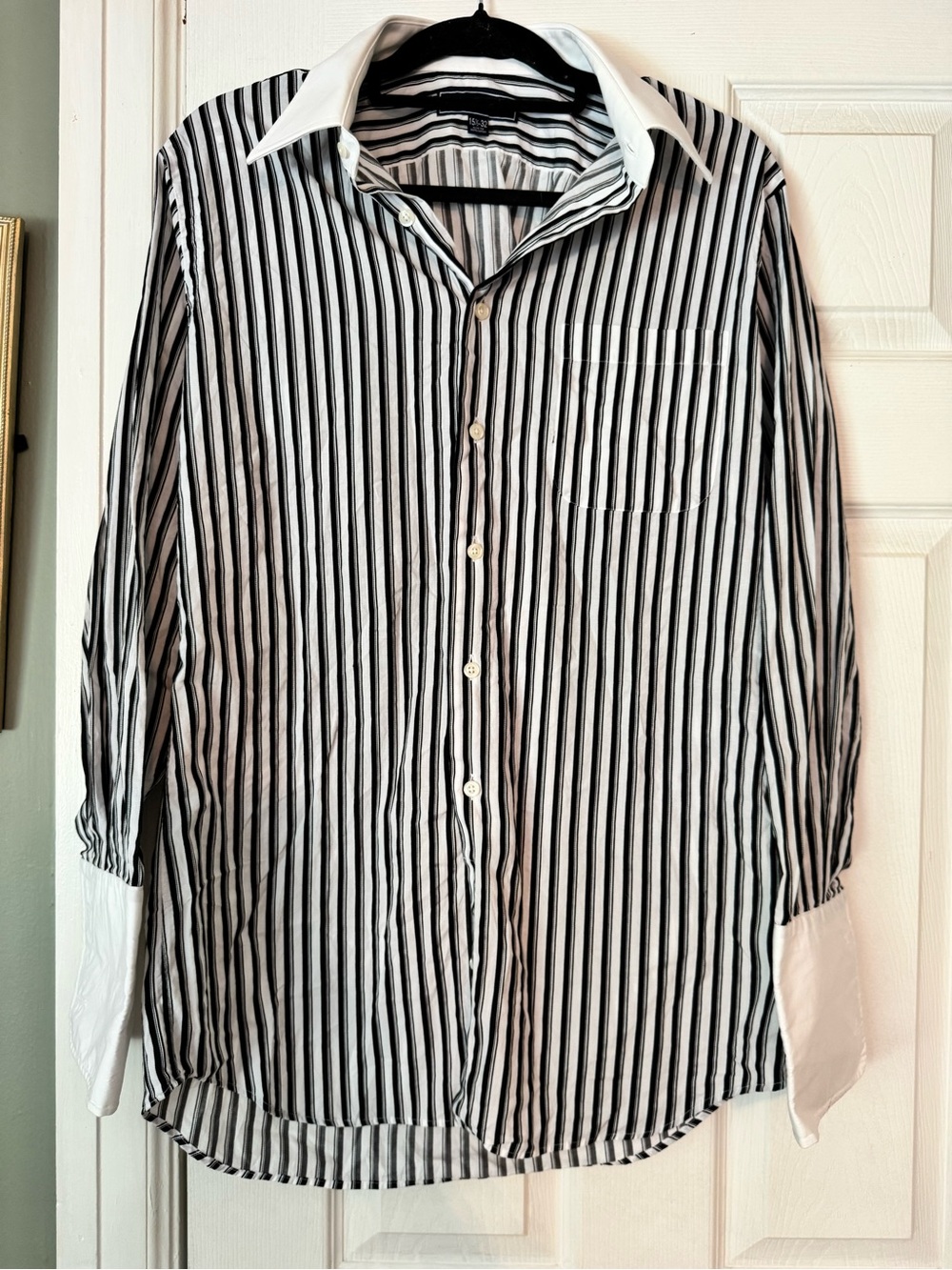 Paul Fredrick Black & White Vertical Stripe Dress Shirt with White Collar